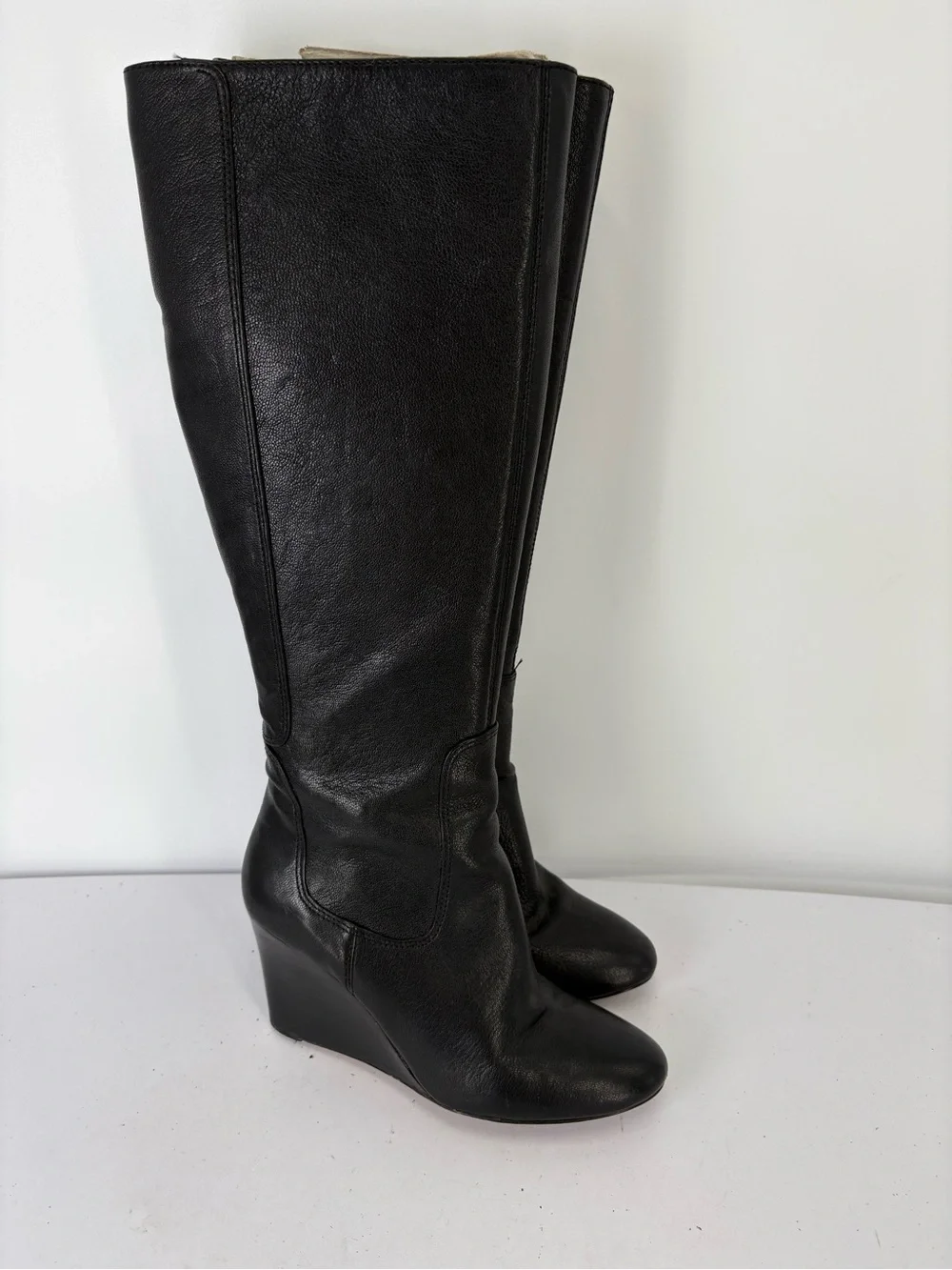 📦 Nine West Heartset leather tall Black Wedge Knee Boots